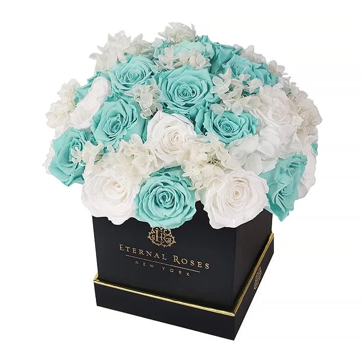 Eternal Roses® Centerpiece Black Lennox Half Moon Gift Box in Ocean Breeze