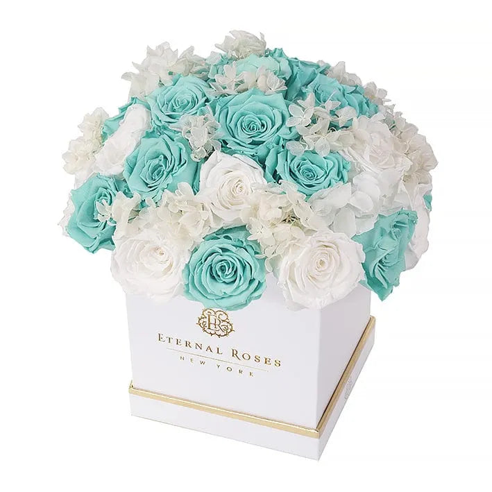 Eternal Roses® Centerpiece White Lennox Half Moon Gift Box in Ocean Breeze