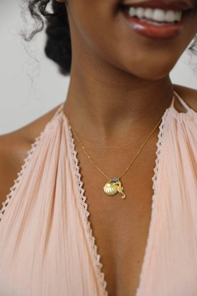 Eternal Roses® Seashell & Seahorse Necklace with Evil Eye